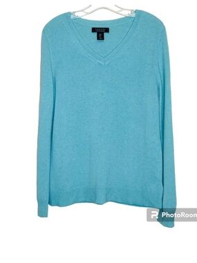 Tahari 100% 2-Ply Cashmere Turquoise V-Neck Sweater